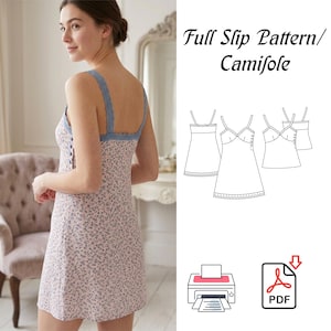May include: A sewing pattern for a full slip and camisole, titled Full Slip Pattern/Camisole. The image displays a pink floral slip with blue lace straps and side buttons, alongside black and white line drawings of the garment designs.