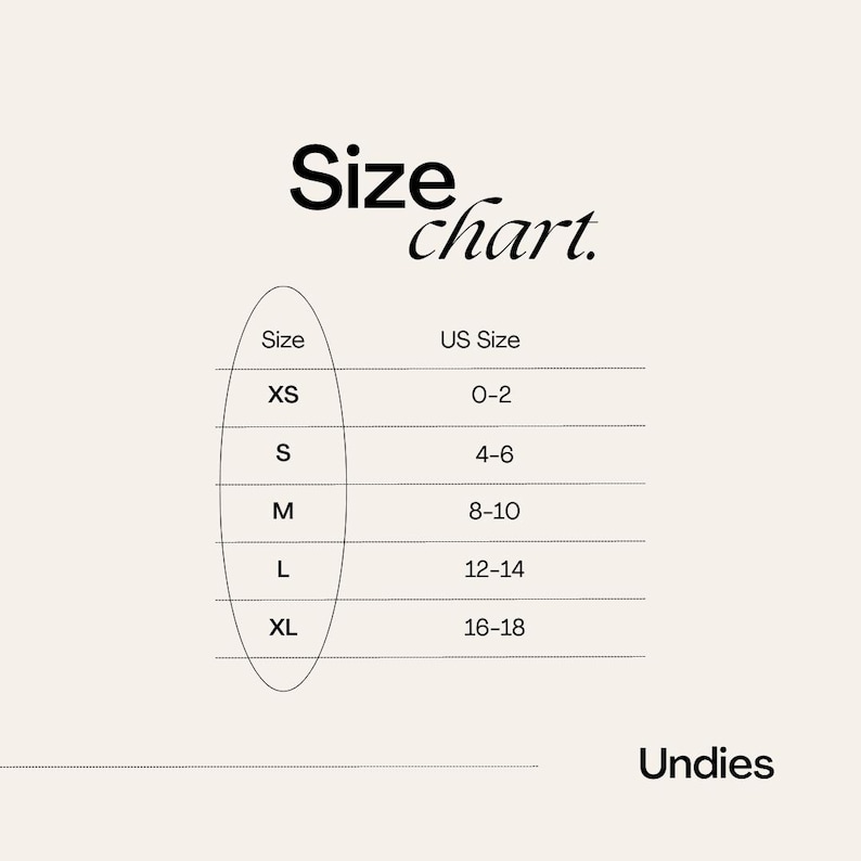 Puede incluir: Tabla de tallas para ropa Undies. La tabla muestra las tallas XS, S, M, L y XL, con las tallas espa&ntilde;olas correspondientes 34-36, 38-40, 42-44, 46-48 y 50-52.