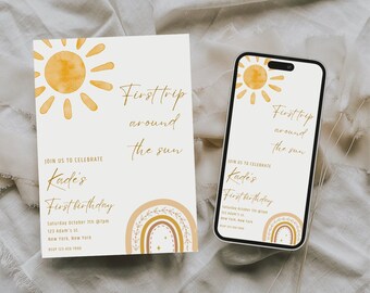 First Trip Around the Sun Birthday Invitation Editable, Sunshine 1st Birthday Invite, Boho Sun Birthday Neutral, Printable evite Template