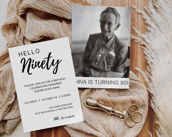 May include: A white invitation card with black text that reads "Hello Ninety" and details for a birthday celebration honoring Anna. The card is on a wooden surface with a gold wax seal and a photo of an older woman.