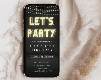 Neon Lights Let’s Party E-Invite, Electronic Invitation Template, Any Event Text Message Invitation, Digital Invite, Mobile Phone Evite ,col