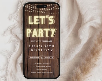 Rustic Neon Lights Let’s Party E-Invite, Electronic Invitation Template, Any Event Text Message Invitation,Digital Invite,Mobile Phone Evite