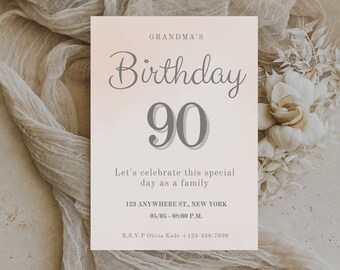 May include: A pink and white birthday invitation with the text "Grandma's Birthday 90" and details for a celebration. The invitation is decorated with white fabric and flowers.