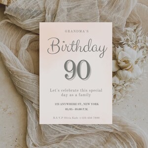 写真付き 90 歳の誕生日招待状、デジタル 90 歳の誕生日パーティー招待状、印刷可能な Canva テンプレート (50 歳、60 歳、70 歳、80 歳、90 歳、100 歳)
