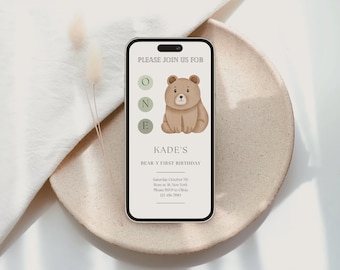 Plantilla de invitación de cumpleaños de oso, primer cumpleaños de Beary, plantilla de cumpleaños de evite, invitación de oso de peluche de acuarela, invitación de cumpleaños imprimible