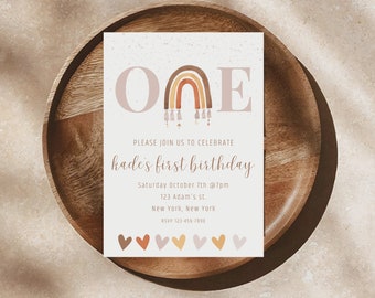Modern Rainbow First Birthday Invitation Editable Rainbow Invite Printable Rainbow Birthday Girls Birthday Invitation Template Boho birthday