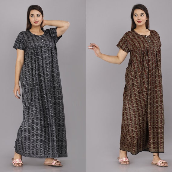 Indian Cotton Nighty Comfortable Dress Maxi Gown Combo Pack Blue Red For  Women | eBay