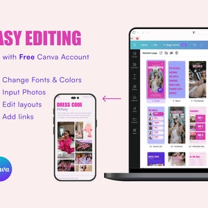 May include: A laptop screen displaying the Canva website with a pink and white color scheme. The screen shows a variety of images and text, including the words "Bachelorette", "Details", "Schedule", and "Dress Code". The laptop is connected to a smartphone displaying a pink and white image with the text "Dress Code PJ Party".