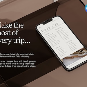 以下が含まれることがあります： ヨーロッパ旅行のパッキングリストが表示されたスマートフォン。リストには、衣料品、アクセサリー、トイレタリー、テクノロジーのカテゴリが含まれています。リストは、各項目のチェックボックスで整理されています。