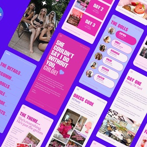 May include: A pink and blue digital invitation for a bachelorette party. The invitation includes the details of the event, including the date, time, and location. The invitation also includes a list of the bridesmaids and a dress code.