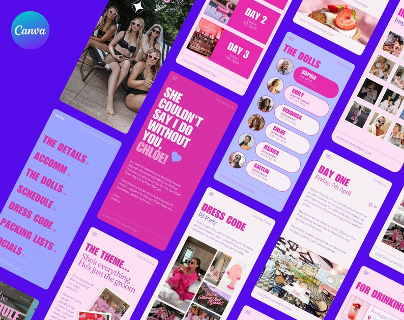 May include: A pink and blue digital invitation for a bachelorette party. The invitation includes the details of the event, including the date, time, and location. The invitation also includes a list of the bridesmaids and a dress code.