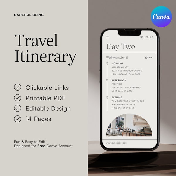 Aesthetic Minimal Travel Itinerary Canva template, Digital or Print pdf, Editable Mobile Trip Planner, Europe Vacation and Holiday planner