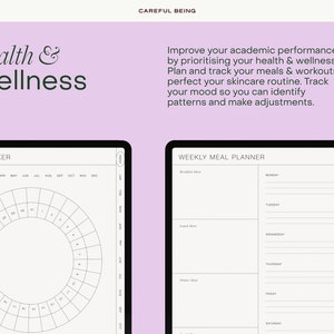 Op de afbeelding: Twee afdrukbare digitale planners voor gezondheid en welzijn. De eerste planner is een moodtracker met een cirkel die is verdeeld in 31 secties voor elke dag van de maand. De tweede planner is een wekelijkse maaltijdplanner met secties voor ontbijt, lunch, diner en snacks voor elke dag van de week.