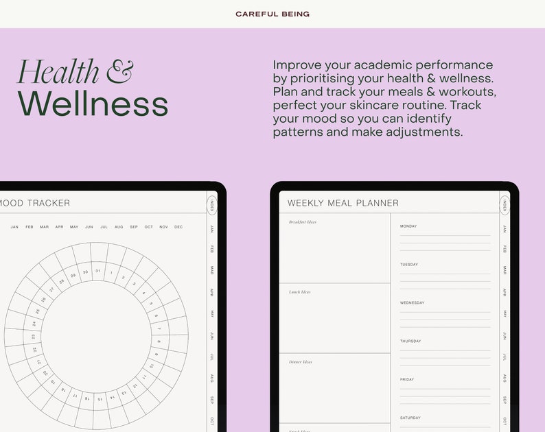 Op de afbeelding: Twee afdrukbare digitale planners voor gezondheid en welzijn. De eerste planner is een moodtracker met een cirkel die is verdeeld in 31 secties voor elke dag van de maand. De tweede planner is een wekelijkse maaltijdplanner met secties voor ontbijt, lunch, diner en snacks voor elke dag van de week.