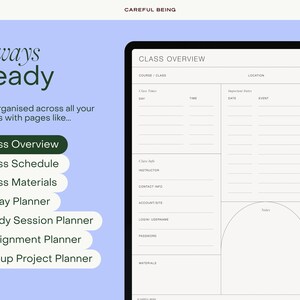 Op de afbeelding: Een afdrukbare plannerpagina met de titel "Cursusoverzicht" en een kalendergedeelte voor belangrijke datums. De pagina bevat ook secties voor cursusdetails, instructeursinformatie, contactgegevens, accountsite, inloggebruikersnaam, wachtwoord en materialen.