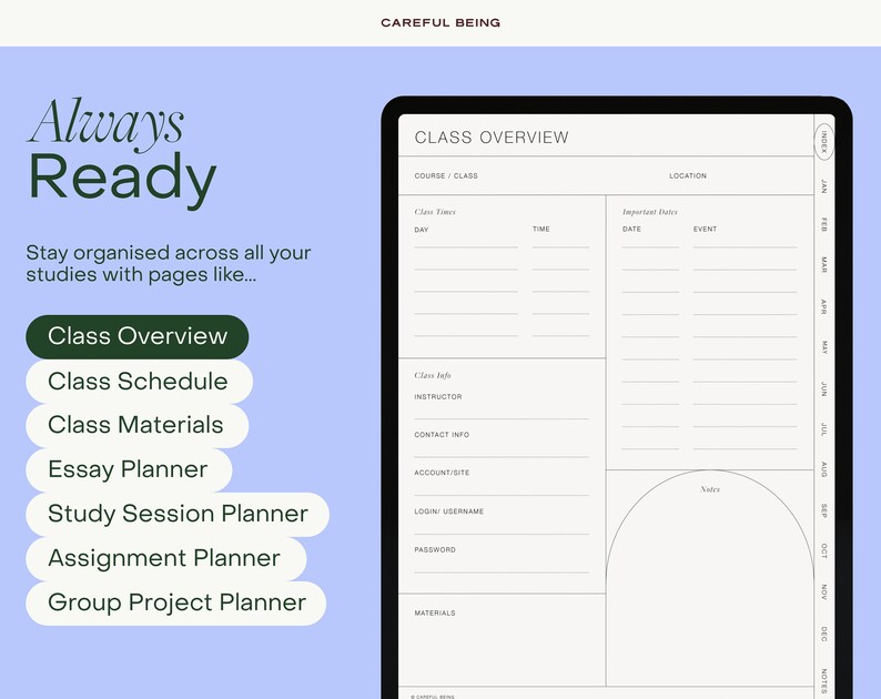 Op de afbeelding: Een afdrukbare plannerpagina met de titel "Cursusoverzicht" en een kalendergedeelte voor belangrijke datums. De pagina bevat ook secties voor cursusdetails, instructeursinformatie, contactgegevens, accountsite, inloggebruikersnaam, wachtwoord en materialen.