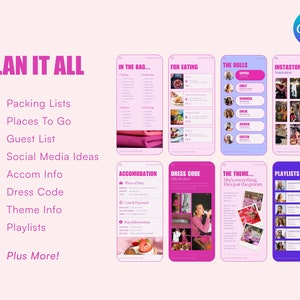 May include: A pink and purple graphic with the text "PLAN IT ALL" and a checklist of items to plan for a wedding or party. The checklist includes packing lists, places to go, guest list, social media ideas, accommodation info, dress code, theme info, playlists, and plus more.