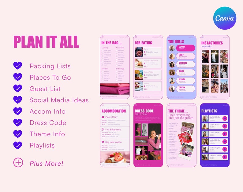 May include: A pink and purple graphic with the text "PLAN IT ALL" and a checklist of items to plan for a wedding or party. The checklist includes packing lists, places to go, guest list, social media ideas, accommodation info, dress code, theme info, playlists, and plus more.
