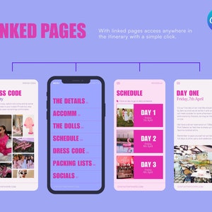 May include: A pink and white mobile phone mockup with a schedule for a weekend getaway. The schedule includes details for each day, including activities, dress code, and contact information. The text on the screen reads "Day One, Friday, 7th April".
