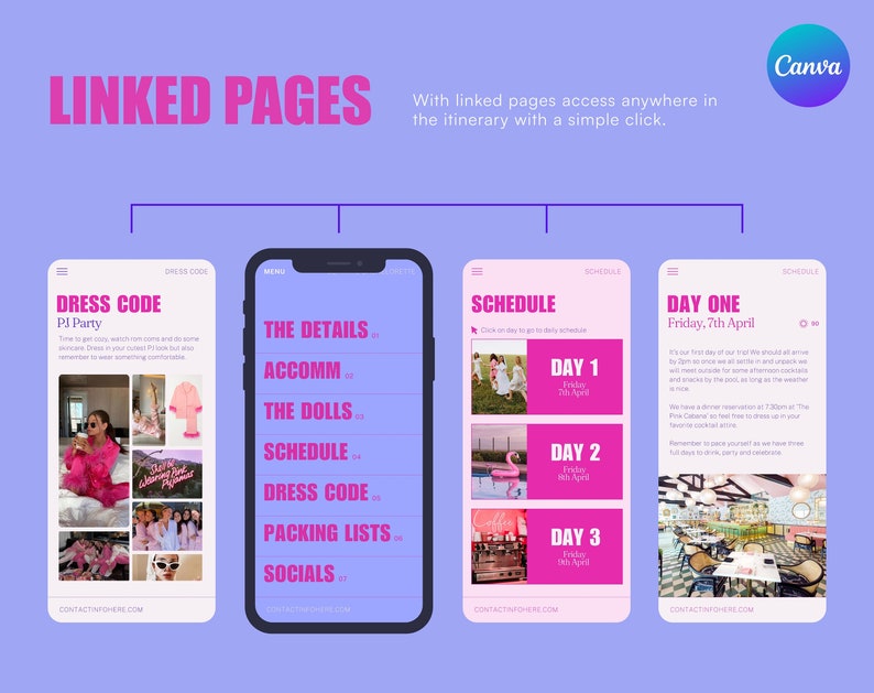 May include: A pink and white mobile phone mockup with a schedule for a weekend getaway. The schedule includes details for each day, including activities, dress code, and contact information. The text on the screen reads "Day One, Friday, 7th April".