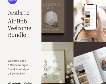 美しい Airbnb ウェルカムブック Canva テンプレート、Airbnb ホスト、編集可能な Airbnb サイン、VRBO、Airbnb ハウスガイド、ゲストブック、ホームバケーションレンタル