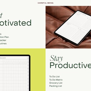 Op de afbeelding: Een digitale planner met een gele achtergrond en de tekst "Get Motivated" en "Stay Productive". De planner bevat secties voor Mijn doelen, Doelactieplan, Gewoontetracker, Dagelijkse routines, To-dolijst, To-do-matrix, Boodschappenlijst en Paklijst.