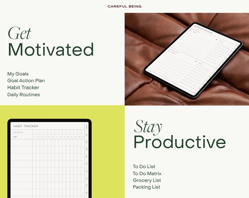 Op de afbeelding: Een digitale planner met een gele achtergrond en de tekst "Get Motivated" en "Stay Productive". De planner bevat secties voor Mijn doelen, Doelactieplan, Gewoontetracker, Dagelijkse routines, To-dolijst, To-do-matrix, Boodschappenlijst en Paklijst.