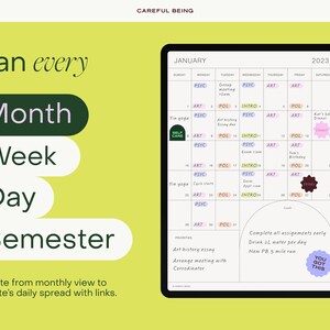 Op de afbeelding: Een groene en witte maandelijkse planner met de woorden "Plan every Month Week Day Semester" in grote, vetgedrukte letters. De planner is geopend voor januari 2023 en toont een kalenderrooster met dagelijkse taken en evenementen. De planner bevat ook een sectie voor prioriteiten en een motiverende boodschap die "You got this" zegt.