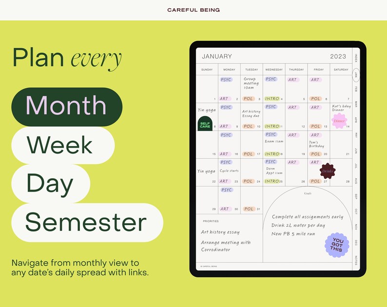 Op de afbeelding: Een groene en witte maandelijkse planner met de woorden "Plan every Month Week Day Semester" in grote, vetgedrukte letters. De planner is geopend voor januari 2023 en toont een kalenderrooster met dagelijkse taken en evenementen. De planner bevat ook een sectie voor prioriteiten en een motiverende boodschap die "You got this" zegt.