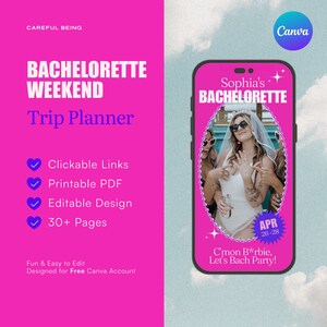 Digital Bachelorette Itinerary, Bachelorette Weekend Trip Planner, Mobile Friendly Template, Editable with Free Canva Account, Pink Doll image 1