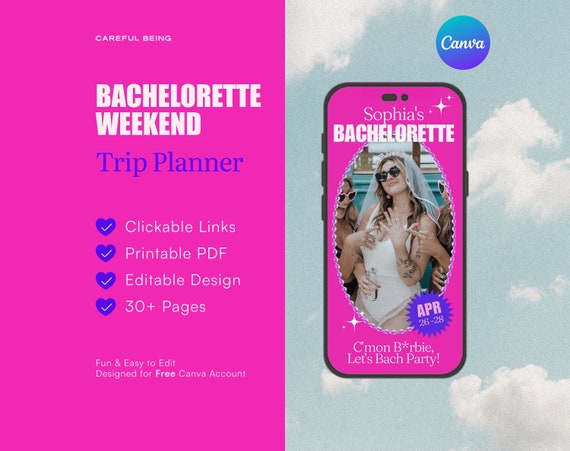 Digital Bachelorette Itinerary, Bachelorette Weekend Trip Planner, Mobile Friendly Template, Editable with Free Canva Account, Pink Doll