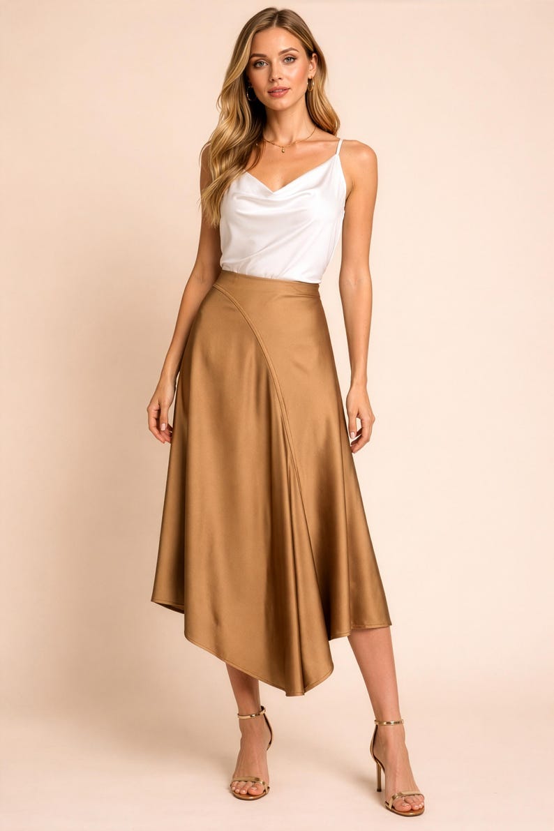 May include: A woman wearing a white cowl neck top and a gold-colored midi skirt. The skirt has an asymmetrical hemline. The woman is also wearing gold-colored high-heeled sandals.