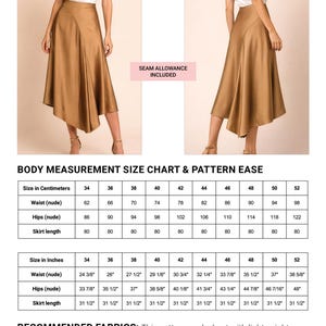 May include: Sewing guide for an asymmetrical slip midi skirt. The front and back views of the skirt are shown in a golden-brown fabric. Includes a body measurement size chart in inches and centimeters, with waist, hips, and skirt length measurements.