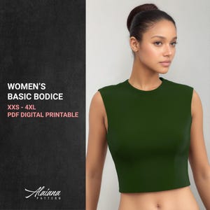 Puede incluir: Un patrón de corpiño verde sin mangas para mujeres. El patrón está disponible en tallas XXS-4XL y es un PDF digital imprimible. El texto "Women's Basic Bodice" y "XXS-4XL PDF Digital Printable" se muestra en la imagen.