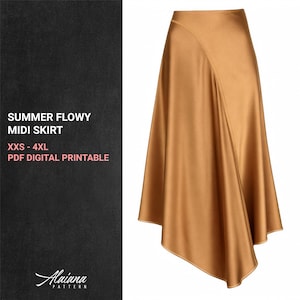 Puede incluir: Falda midi fluida en un tono marrón dorado. La falda presenta un diseño asimétrico con una costura diagonal en la parte delantera. El texto a la izquierda dice "SUMMER FLOWY MIDI SKIRT" y "XXS - 4XL PDF DIGITAL PRINTABLE".