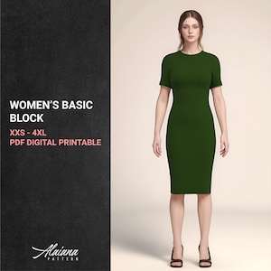 Women&#39;s Basic Bodice and Skirt Block with Sleeves | Multi-Size XXS-4XL PDF Sewing Pattern | Dressmaking Sloper | Instant Download