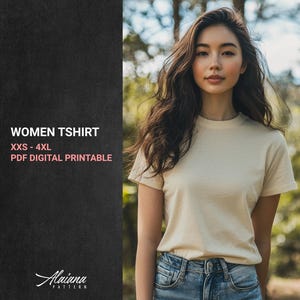 May include: A printable PDF pattern for a women's t-shirt. The pattern is available in sizes XXS-4XL. The image shows a woman wearing a cream-colored t-shirt with a relaxed fit.