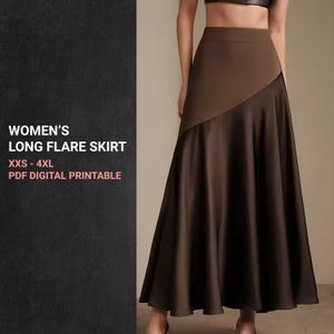 Puede incluir: Una falda larga y acampanada en tonos marrones. La falda presenta una cintura alta y un diseño de panel diagonal. El texto a la izquierda dice "WOMEN'S LONG FLARE SKIRT XXS - 4XL PDF DIGITAL PRINTABLE".