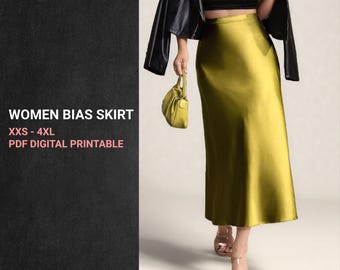 May include: A woman's bias skirt in a chartreuse color is featured in this image. The skirt is paired with a black top and jacket, and a small chartreuse purse. The text on the left reads "WOMEN BIAS SKIRT XXS - 4XL PDF DIGITAL PRINTABLE".
