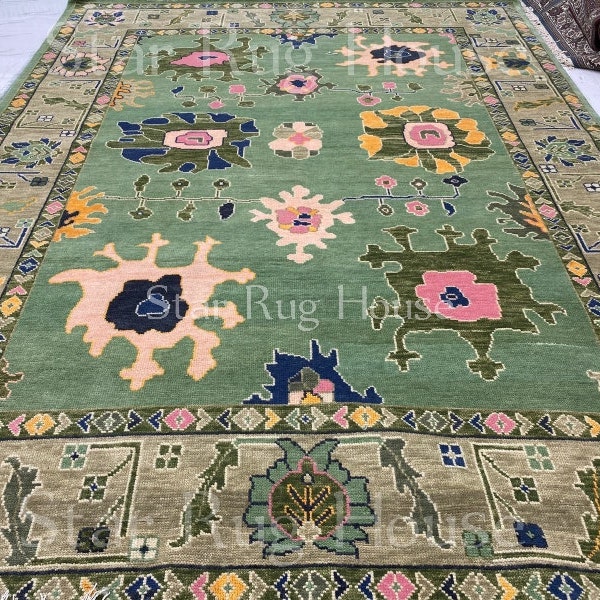 Green Oushak rug for living room Blue Pink Color Knoted Handmade Oushak Vintage Turkish Rug Area Rug for Living Room Home Decor