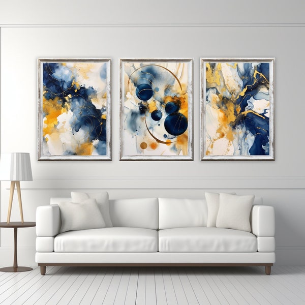 Modern Blue, Yellow and White Print Set of 3, Dark Blue Abstract Watercolor Painting, Minimalist Wall Art, Living Room Navy Blue Wall Décor