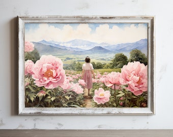 Girl in Peonies Garden Wall Art | Flowers Wall Art | Vintage Wall Art | PRINTABLE Wall Art | Digital DOWNLOAD | Ratio 3:2 LANDSCAPE