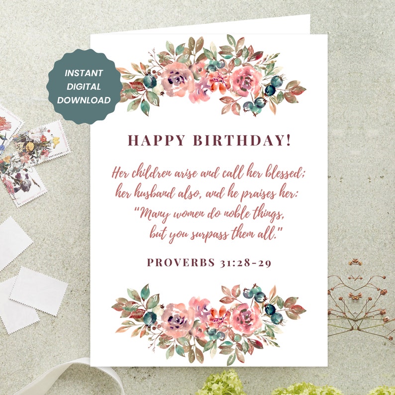 Floral Christian Birthday Card For Mom Bible Verse PDF Etsy