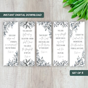 May include: Set of five printable bookmarks with watercolour floral designs and bible verses. The verses are: "God is our refuge and strength", "The Lord is my light and my salvation", "Take delight in the Lord", "The Lord is my strength and my shield", and "I sought the Lord and He answered me".