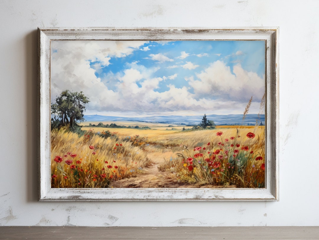 ヴィンテージの野花の油絵：素朴な風景画（デジタルダウンロード