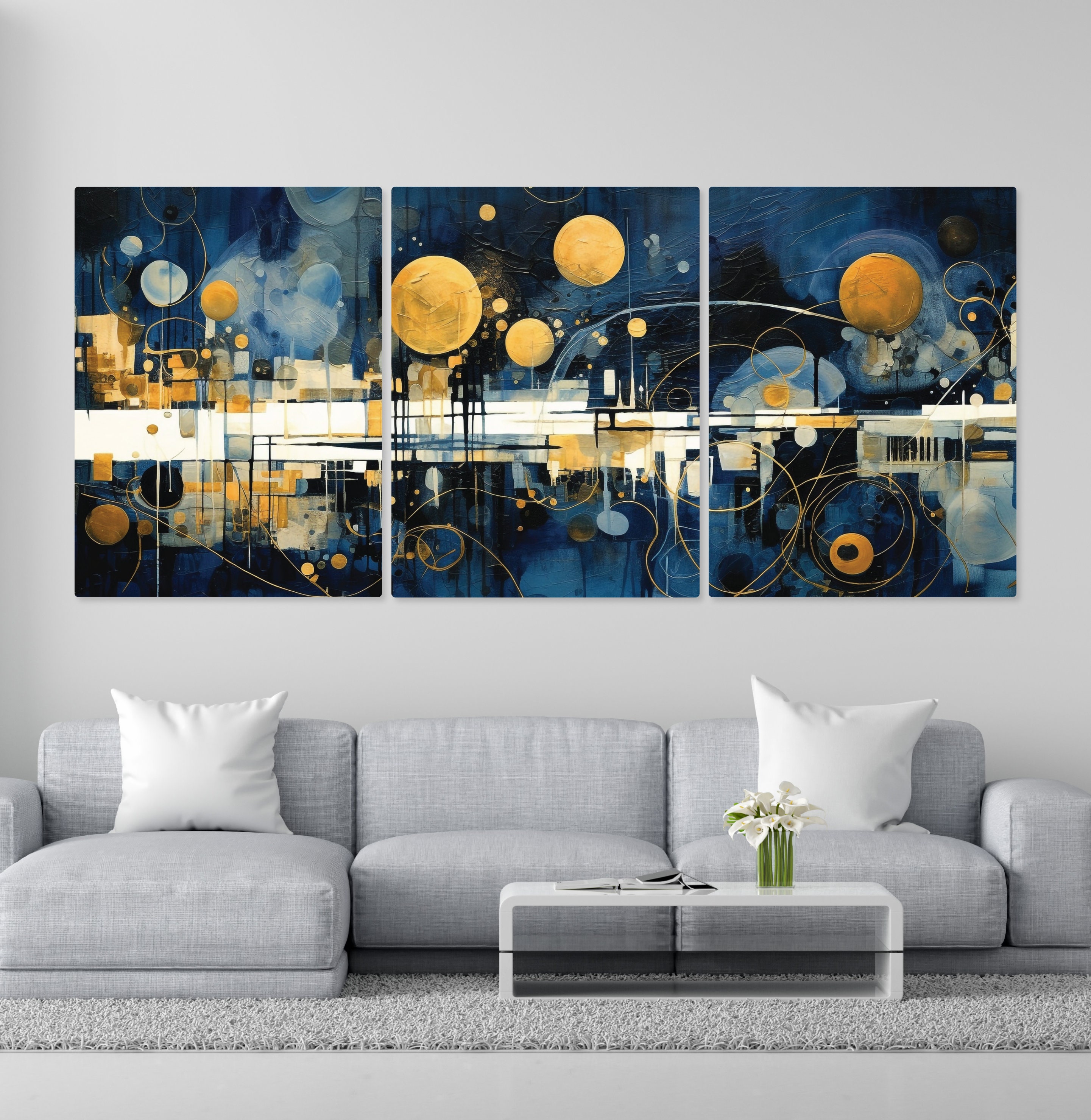 Modern Navy Blue Abstract Wall Art Set of 3 Prints Bedroom Etsy