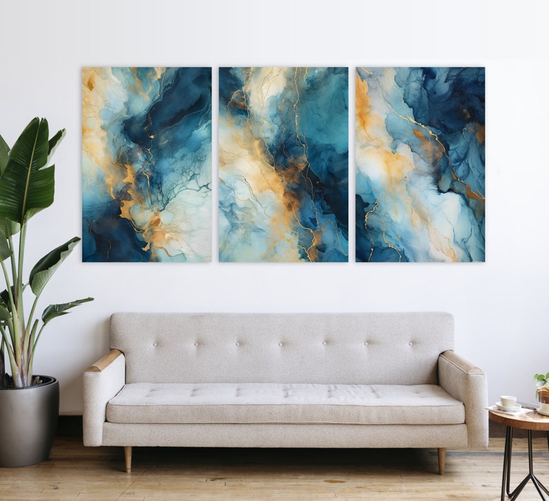 Modern Blue, Yellow and White Print Set of 3, Dark Blue Abstract ...
