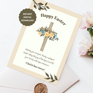 Tarjeta de Pascua cristiana, tarjeta de Pascua religiosa, mensaje bíblico único de Pascua, tarjeta de felicitación con bendiciones de Pascua con cruz floral, Pascua cristiana