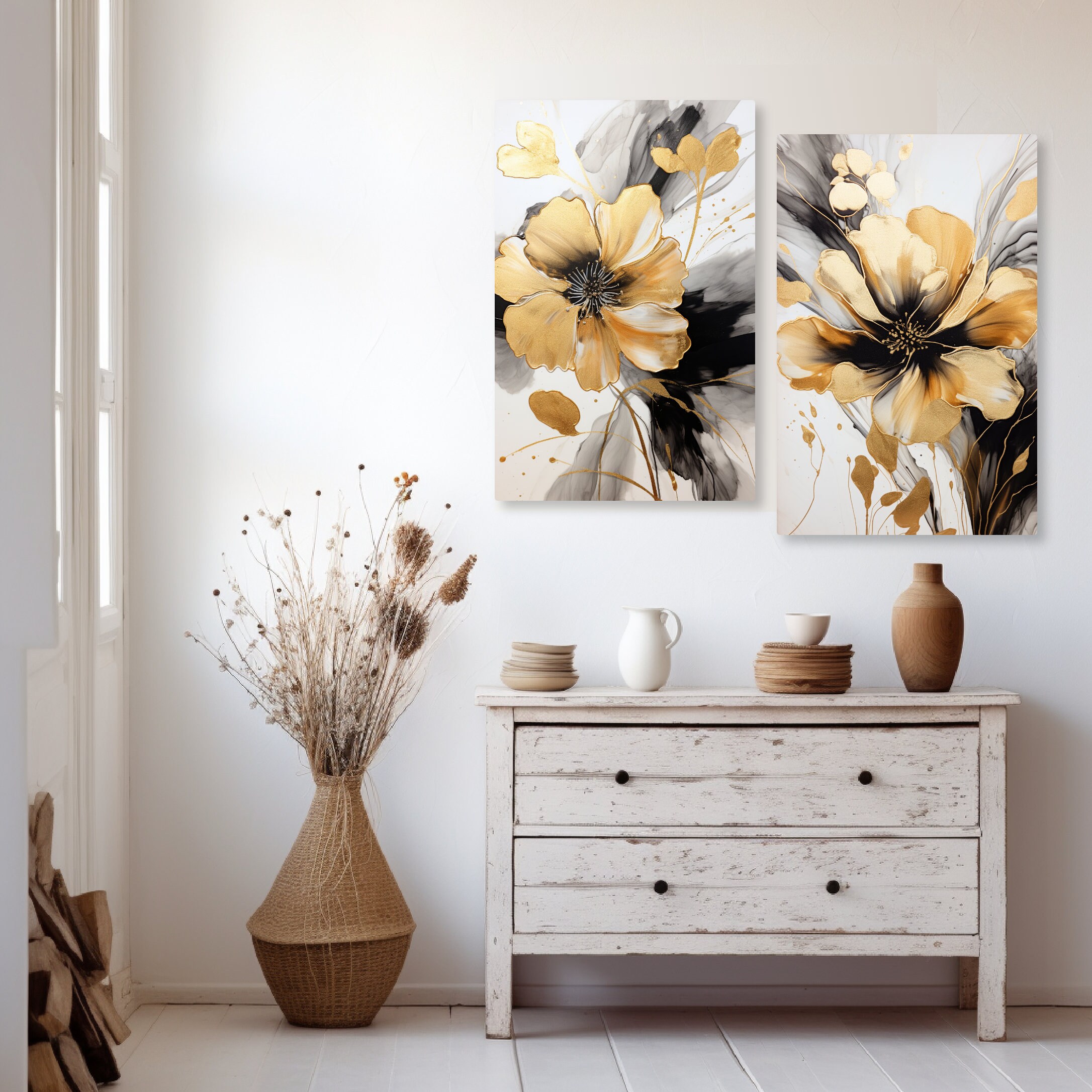 Luxury Abstract Black and Gold Flowers Set of 2, Liquid Ink Flower Art ...