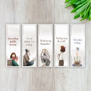 Printable Bookmarks Set of 5 Watercolor bookmark Instant download Digital Bookmark Digital Art Illustration Book Lover Gift 2&quot; x 6&quot;